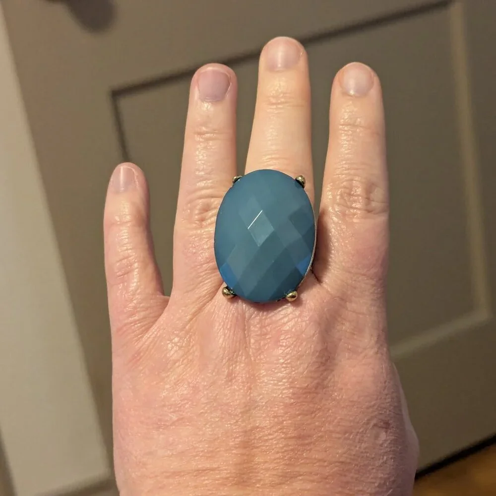 Blue Stone Ring Stretch‎ Band Diamond Cut Prong Bezel Adjustable Boho Statement